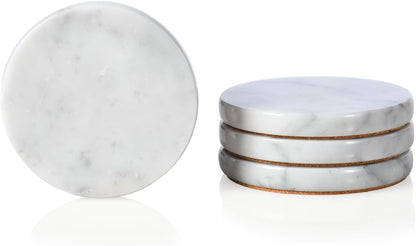Real Natural Marble Coasters Set of 4, Carrara White Limestone 4 Inch/10 cm, Modern Round Stone, Trendy Drink Coasters for Coffee Table, Kitchen Decor, Office