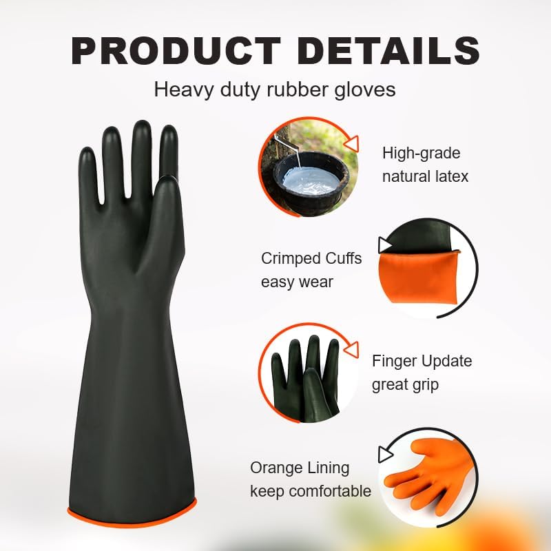 North Tower Heavy-Duty Latex Chemical Resistant Gloves - Reusable Long Rubber Dishwashing Gloves with Forearm Protection for Men - Waterproof, Industrial Safety Gear,18“，1 Pair