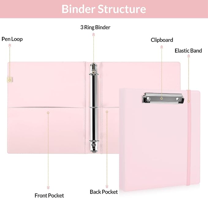 SKYDUE Small 3 Ring Binder with Clipboard, 8" × 10" PU Mini 1 Inch Binder with Notepad, 5 Dividers, and Labels, Clipboard Folder Great for School Office(Fit Half Letter Sized Paper)