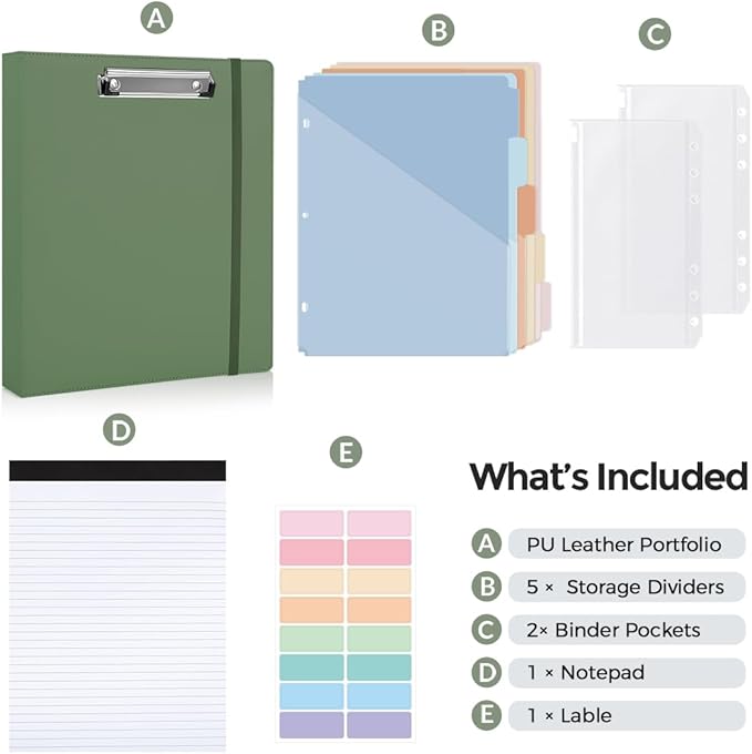 SKYDUE Small 3 Ring Binder with Clipboard, 8" × 10" PU Mini 1 Inch Binder with Notepad, 5 Dividers, and Labels, Clipboard Folder Great for School Office(Fit Half Letter Sized Paper)