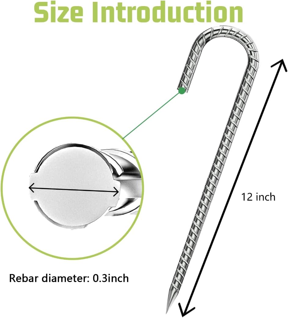 J-Hook-Rebar-Stakes-12 Inch, Ground Stakes Heavy Duty Rebar Stakes for Camping 8pcs Rebar Stakes Rust Proof Coated Metal for Flower Gardens Dog Fence Camping Tents Chicken Coop