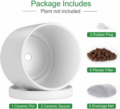 Aveyas 8 inch Ceramic Plant Pot with Drainage Hole and Saucer - Suitable for Indoor and Outdoor Use, Modern Planters for House Garden Flower Tree Snake Monstera Plants (8", Matte White)