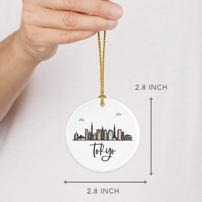 Andaz Press Round Ceramic Porcelain Christmas Tree Ornament Keepsake Gift, Tokyo, Colorful International City Skyline Graphic, 1-Pack, Birthday Ideas Family Coworker Him Her, Gift Box