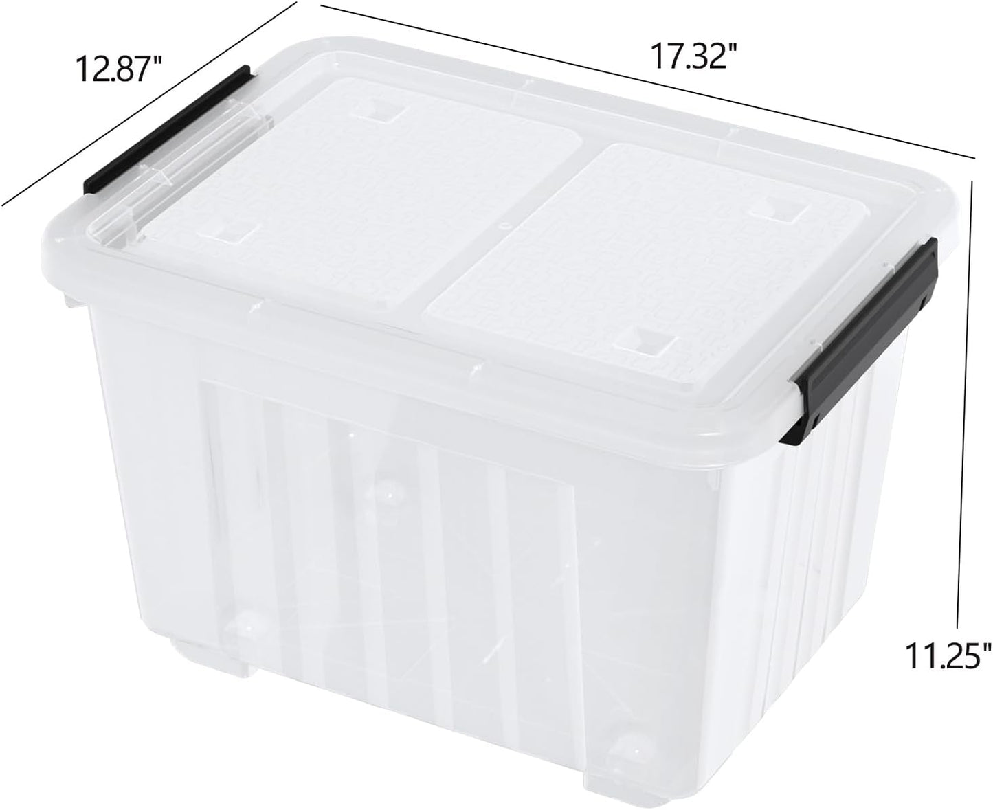 Zopnny 30 Quart Plastic Stacker Box, Large Storage Bin Container with Latching Lids and Wheels for Home and Garage Organizing, Shoes, Tools, Clear Base, 4-Pack