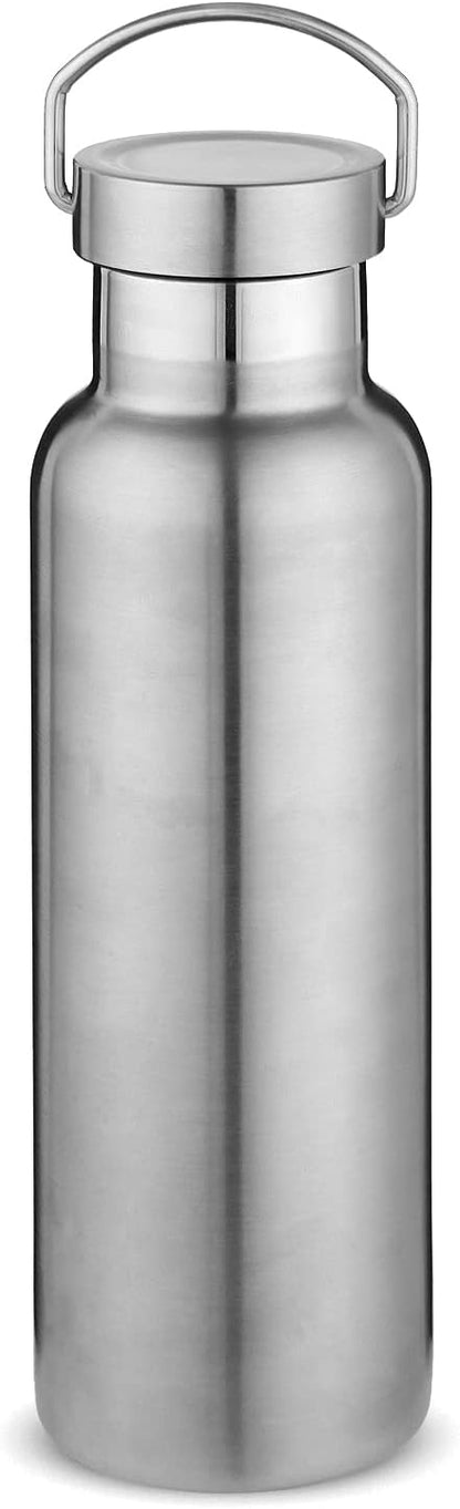 Neihepal Silver Stainless Steel Water Bottles,20 Ounce Vacuum Insulated Double Wall Travel Bottle with Leak Proof Lid of Handle,Metal Reusable Standard Mouth Flask Thermoses for School,Hikers,Gift
