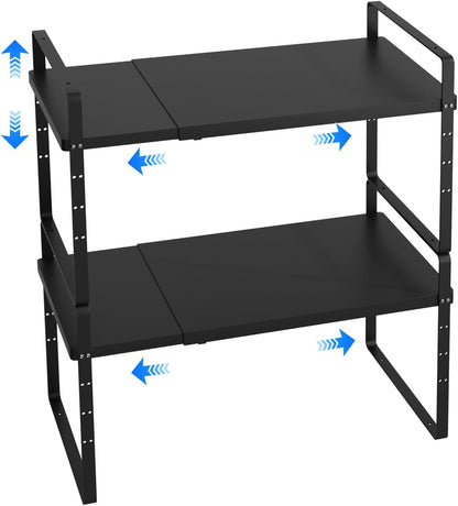 Expandable Cabinet Shelf Organizer, Stackable Kitchen Pantry Counter Storage, Adjustable Closet Cupboard Stand Rack Risers Spice Organization 80LBS Heavy Duty Black 2 Pack