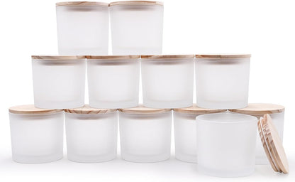 12 OZ Thick Candle Jars for Making Candles 12 Pcs, Empty Jars with Wood Lids for Spice Jars, Sample Container, Frosted White