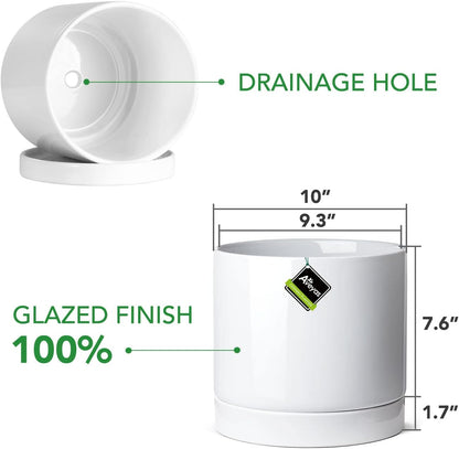Aveyas 10 inch Ceramic Planter Pot with Drainage Hole and Saucer - Suitable for Indoor and Outdoor Use, Modern Planters for House Garden Flower Tree Snake Monstera Plants (10", Glossy White)