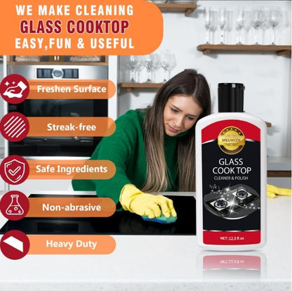Glass Stove Top Cleaner Kit, 12 Oz Glass Cooktop Cleaner Non-Abrasive, Stove Oven Cleaner & Polish For Ceramic, Electric, Induction, Flat Top Stovetop, Gas - With Scrubbing Pad, Scraper, Cloth