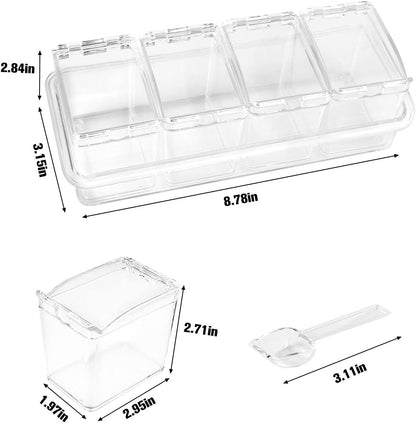 XIUDI Clear Seasoning Rack Spice Pots-4 Pieces Clear Seasoning Storage Container for Spice Salt Sugar Cruet.Acrylic Seasoning Box, Cruet with Cover and Spoon