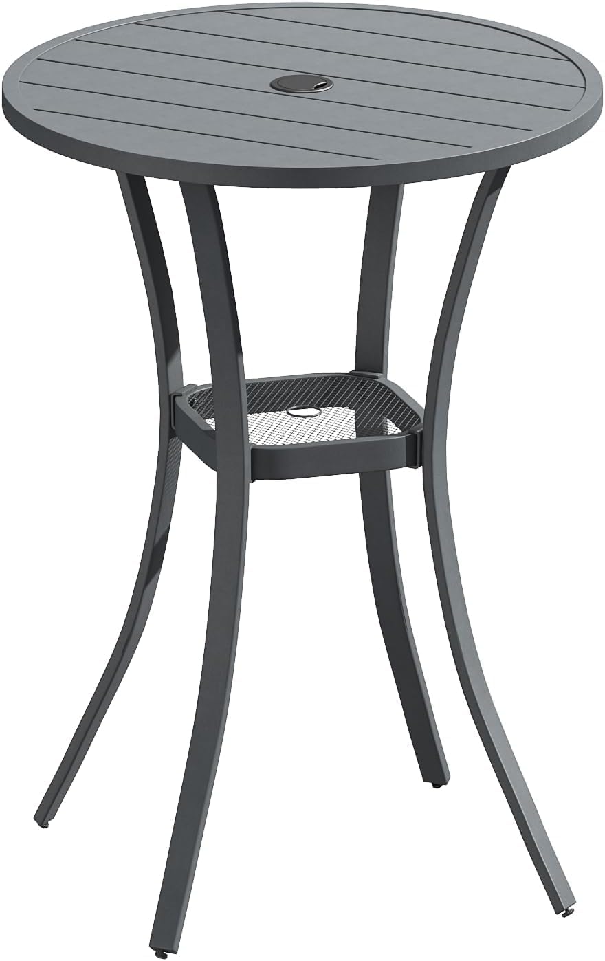 VICLLAX 28" Round Outdoor Bar Table with Adjustable Umbrella Hole, Counter Height Outdoor Furniture for Balcony, Grey Wood-Like