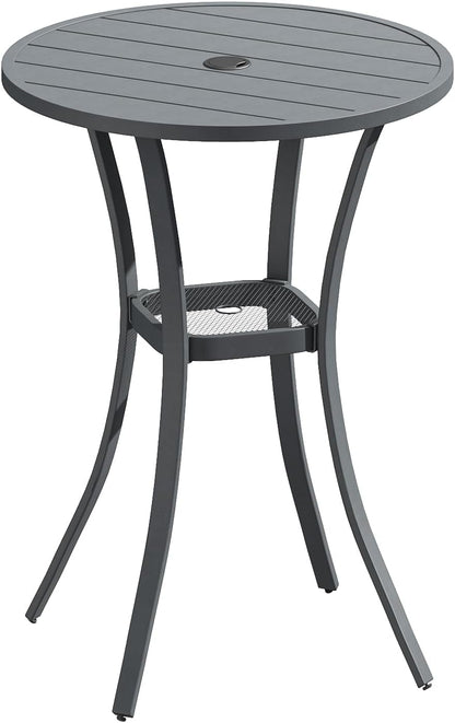 VICLLAX 28" Round Outdoor Bar Table with Adjustable Umbrella Hole, Counter Height Outdoor Furniture for Balcony, Grey Wood-Like