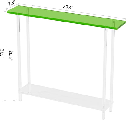 Sleek Modern 2-Tier Acrylic Console Table, 39.4" L x 7.6" W x 31.5" H - Entryway Table for Hallway, Living Room, Sofa Side, Small Spaces (Green)