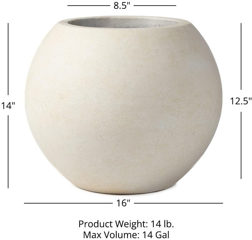 Ash & Ember Onyx 16" D Ceramic Indoor Outdoor Round Sphere Planter, Satin Ivory, Home Decor Evergreen Weather Resistant Modern Planter Pot, Seamless Herb & Seasonal Flower Garden Box