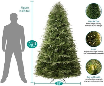 Naomi Home 7.5ft Christmas Tree with Lights, Realistic Prelit with Hinged Design with Foot Pedal, 2755 Branch Tips, 600 Warm Lights and Metal Stand, Aritificial Tree