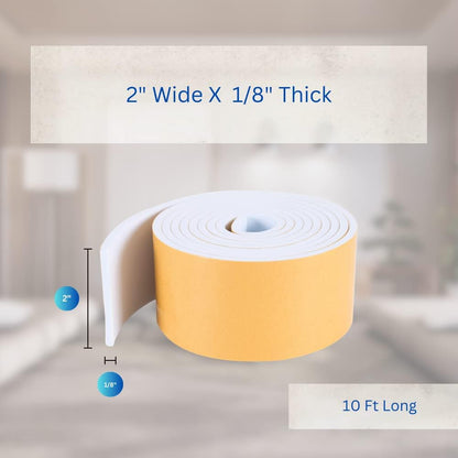 High Density Foam Weather Stripping Door Seal Strip Insulation Tape Roll for Insulating Door Frame, Window, Air Conditioner | Self Adhesive Sealing Weatherstrip (2 in x 1/8 in x 10 Ft, White)