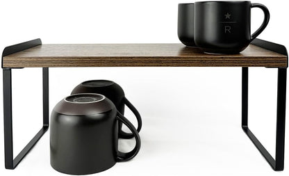 Mitus Shelf Organizer and Storage, Tiered Wood Cabinet Rack for The Kitchen Counter, Bathroom Counter, Pantry Cupboard, Office Desk Bookshelf, 16" Wide Walnut Brown and Black