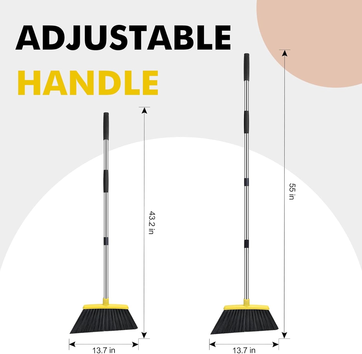 Heavy Duty Broom, 55 Inch Long Handle Outdoor Large Angle Brooms, Commercial Broom for Sweeping Indoor, for Home Garage Kitchen Office Courtyard Lobby Patio Lawn Concrete, Yellow