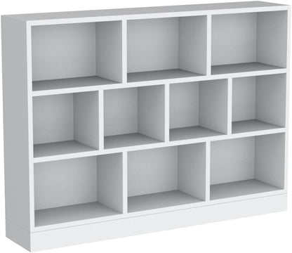 IOTXY Open Shelf Low Bookcase - Wooden 3-Tier Floor Standing Display Cabinet Organizer with Base, 10 Cubes Short Horizontal Bookshelf in Warm White