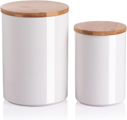 Sweejar Kitchen Ceramic Food Storage Containers Set, Stackable Canisters for Countertop with Airtight Boomboo Lids for Serving Ground Coffee, Tea, Sugar, Salt and More- Set of 2 (White)