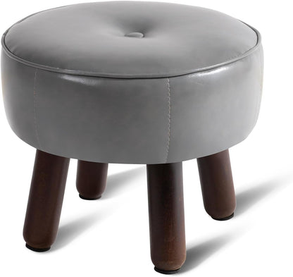 Ottoman, Small Foot Stool, Round Leather Pouf Ottoman, 13''L x 13''W x 10.2''H Foot Rest with Non-Skid Rubber Legs for Living Room Bedroom Couch Entryway, Grey