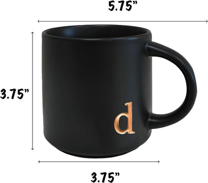 COLLECTIVE HOME - Black Monogram Ceramic Mugs, 15 oz Golden Initial Coffee Cups, Elegant Alphabet Tea Mugs, Personalized Halloween Mug with Gift Box, Perfect for Office and Home Décor (d)