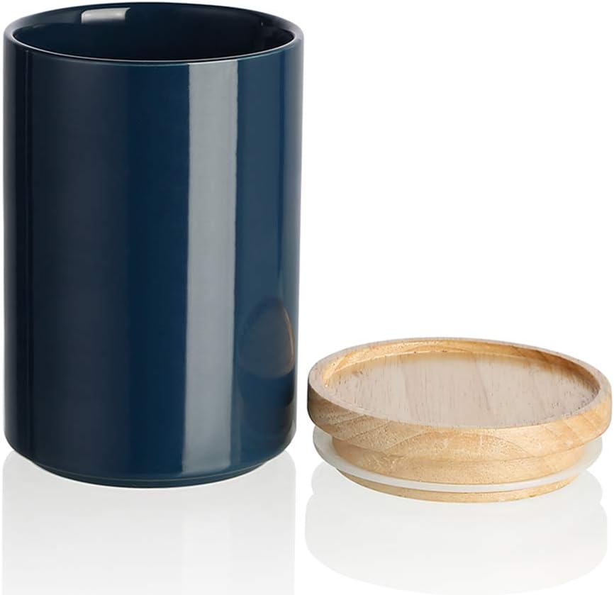 Sweejar Kitchen Canisters Ceramic Food Storage Jar, Stackable Containers with Airtight Seal Wooden Lid for Serving Ground Coffee, Tea, Sugar, Salt and More - 28 Fl Oz (Navy)