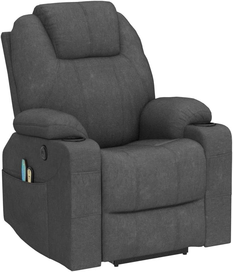 VIVIJASON Power Lift Chair Electric Recliner for Elderly Heated Vibration Massage Fabric Recliner Chair with 2 Remote Controls, Cup Holders, Side Pockets & USB Ports for Living Room (Grey)