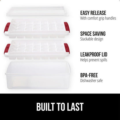 GORILLA GRIP Stackable Ice Cube Tray and Bucket Set for Freezer, Includes 2 Trays with Lid and Scooper, Easy Release, Makes 56 Cubes for Cocktail Soda Coffee, Leak Proof Bin Kit, Kitchen Tools, Red
