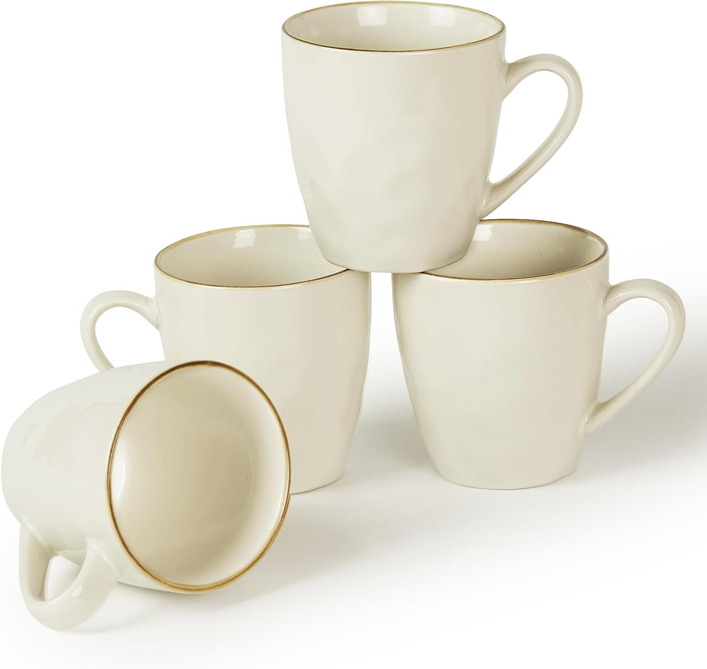 famiware Coffee Mugs Set of 4, Ocean Round 11.5oz Coffee Cup Set with Handle for Cocoa, Milk, Hot Chocolate, Tea or Water, Stoneware Cups for Kitchen, Microwave Dishwasher Safe, Vanilla White