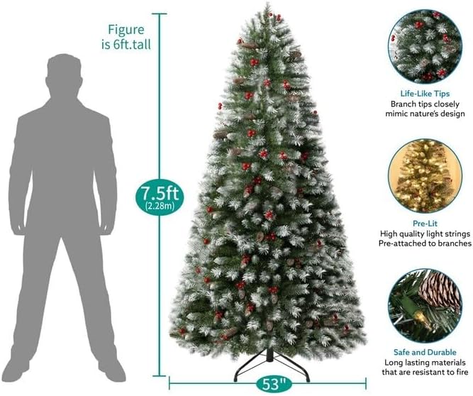 Naomi Home 7 5ft Snow Flocked Christmas Tree with Lights Realistic Spruce Christmas Tree with Pine Cones Berries Foot Pedal 1346 Branch Tips 550 Warm Lights and Metal Stand Pre Lit Xmas