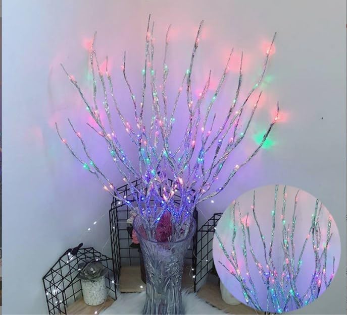 DK177 2 Pack Led Branch Light Battery Operated Lighted Branch Vase Filler Willow Tree Artificial Little Twig Power Sliver 30 Inch 20 LED for Home Romantic Decoration (Sliver-Color)