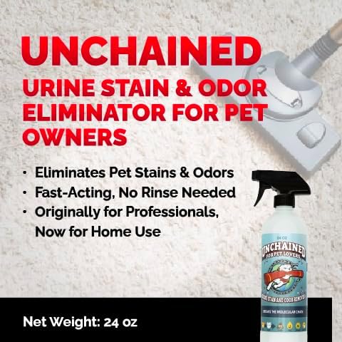 Unchained Pet Urine Stain & Odor Remover Spray – Oxygen-Based Enzyme Cleaner, Professional Strength for Carpets, Concrete, Furniture, Upholstery – 24oz