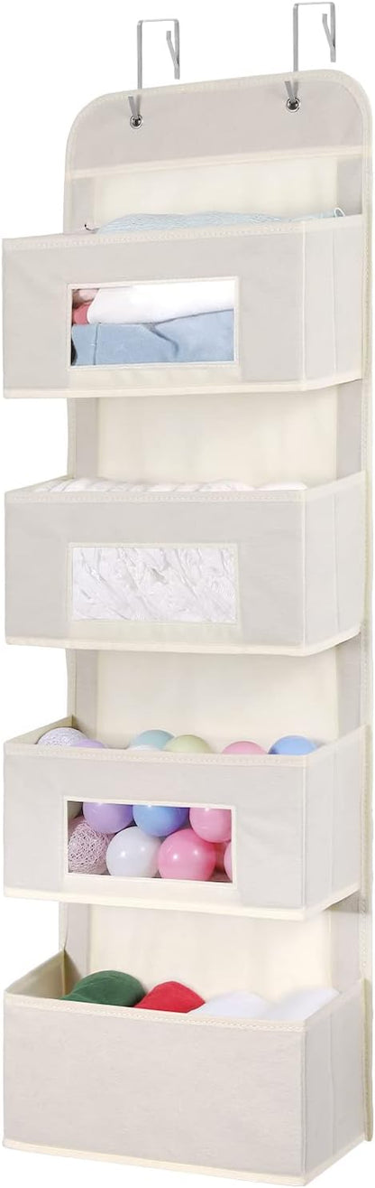 MAX Houser 4-Shelf Over The Door Hanging Organizer with 2 Metal Hooks, 4 Pocket Swing-Proof Behind Door Organizers with Clear Windows for Nursery Bathroom Closet,Dorm,Baby Diapers, Kids Toys (Beige)