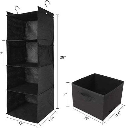 MAX Houser 4-Shelf Hanging Closet Organizer, Space Saver, Cloth Hanging Shelves with 2 Side Pockets, Foldable (Black)