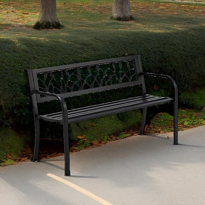 AVAWING Outdoor Bench, 2-Person Garden Benches for Outside, Metal Frame Patio Seating with Floral Pattern Backrest, Armrests for Lawn, Park, Porch, Entryway, Black