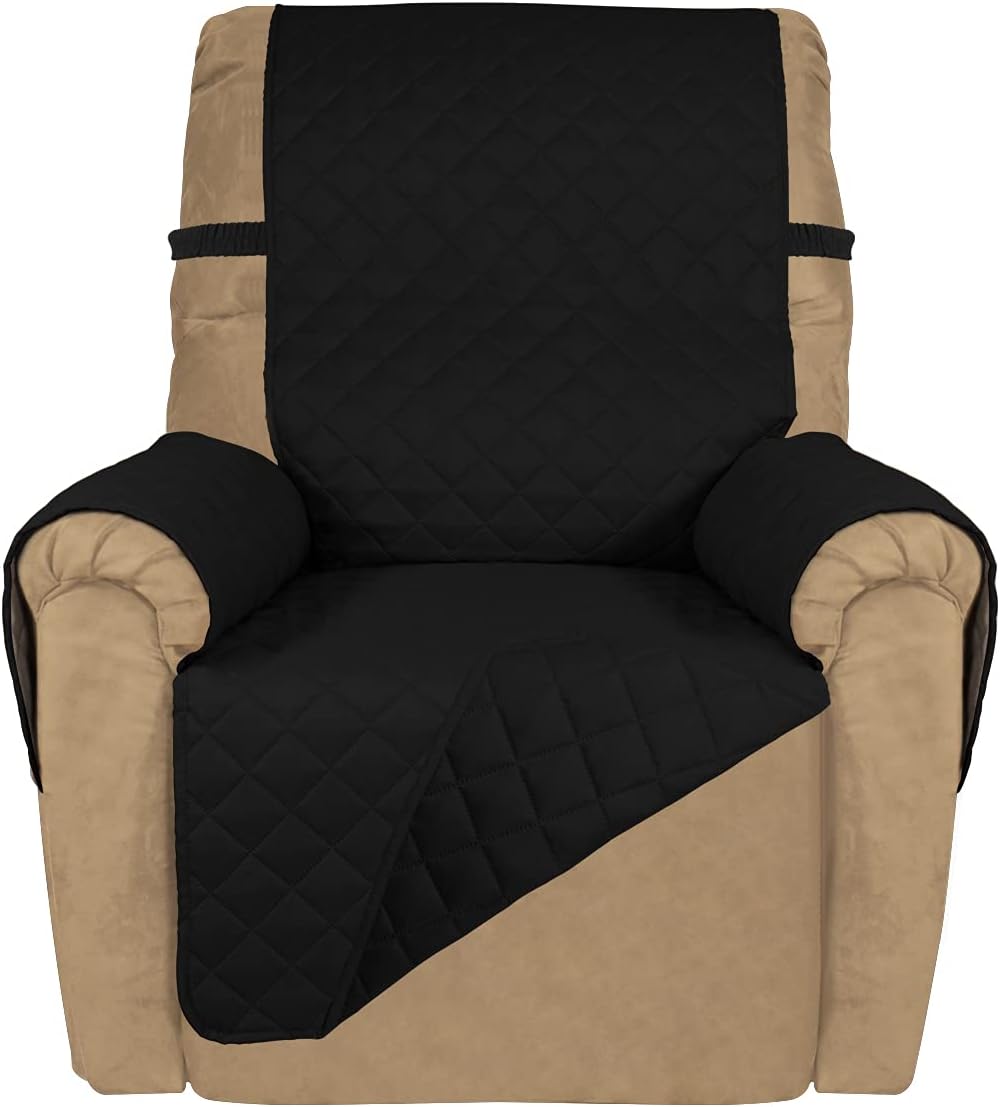 PureFit Reversible Quilted Sofa Cover, Water Resistant Slipcover Furniture Protector, Washable Couch Cover with Non Slip and Elastic Straps for Kids, Dogs, Pets (Small Recliner, Black/Black)