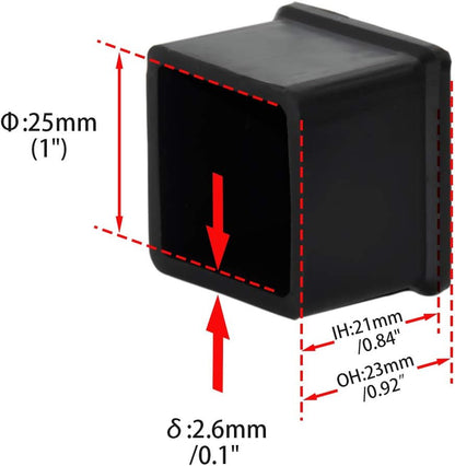 Flyshop Durable Non-Marking Silicone Chair Leg Caps Tips Floor Protectors Square Furniture Table Leg Covers, 20pcs, Black, 25 mm x 25 mm, 1" x 1"