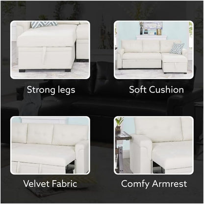 Naomi Home Transform Any Space: Sleeper Sectional Sofa with Convertible Sofa Bed & Inviting Chaise. Find Tranquil Comfort with Stress-Relieving Design & Durable Cushions - Cream/Velvet
