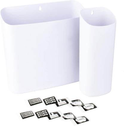 JS Jackson Supplies White Lint Bin with Magnetic Back (Set of 2), Large and Small Space Saving Trash Bins and Organizers for Laundry Room and Kitchen, Wall Mountable