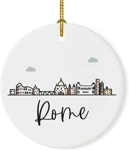Andaz Press Round Ceramic Porcelain Christmas Tree Ornament Keepsake Gift, Rome, Colorful International City Skyline Graphic, 1-Pack, Birthday Ideas Family Coworker Him Her, Gift Box