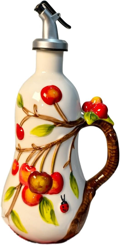 18 Oz Hand Painted Relief Ceramic Olive Oil Bottle Dispenser for Kitchen, Oil and Vinegar Bottle, Seasoning Bottle with Stainless Steel Nozzle, 540mL Oil Container with Handle for Cooking, Light Proof