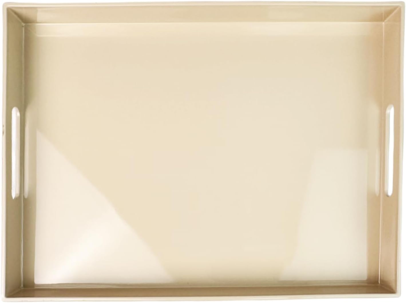 Beige Decorative Tray, Rectangular Large Serving Tray with Handles, Plastic Coffee Table Tray for Ottoman, Living Room, Kitchen Tabletop, 15.7” x 11.8” x1.6”