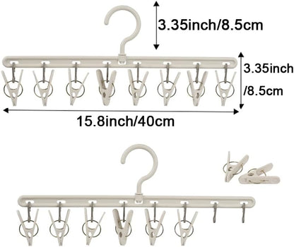 Clothes Hanger 2 Pack with 8 Clips,Clothes Drying Racks Windproof for Drying Socks Bras Underwears Baby Clothes, Hats Scarfs Towels Pants and Gloves Diaper