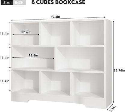 Book Shelf, 8 Cubes Storage Organizer, 3-Tier Open Shelf Wooden Bookcase, Freestanding White Bookshelf Cube Shelf for Bedroom, Living Room