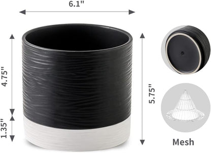 Nihow Ceramic Plant Pot: 6 Inch Planter with Drainage Hole & Saucer for Indoor & Outdoor Plants - Cylinder Round Flower Pot for Succulent/Herbs/Violets - Black & White