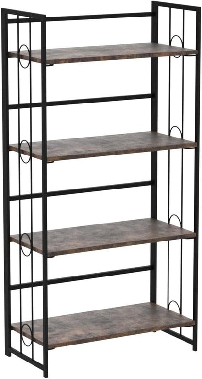4NM No Assembly 4 Tiers Folding Bookshelf, 47.2" H Foldable Storage Shelves Vintage Bookcase Standing Racks Study Organizer Home Office - Rustic Brown Black