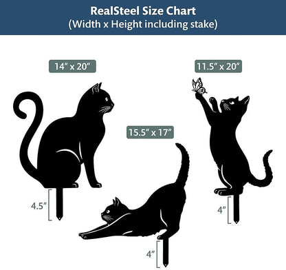 RealSteel I 3 Pack Steel Cat Garden Decor I Outdoor Yard Decorations I Gift for Cat Lovers I Lawn Ornaments and Statues I Garden Signs Decorative Outdoor - Black