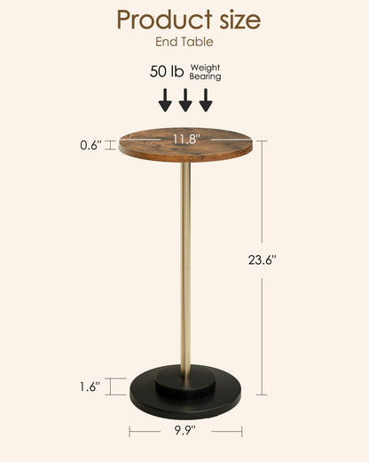 Masupu Drink Table, Round Side Table for Small Spaces, Pedestal Small End Table with Metal Base, for Living Room, Bedroom, Bathroom, Rustic Brown