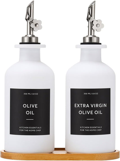 HOMCDALY Olive Oil Dispenser for Kitchen, 11.8oz Glass kitchen Dispenser Bottle, White Oil&Vinegar Cruet Set, Leakproof Oil Bottle for Cooking| Set of 2 (11.8oz – White)